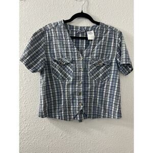 ERIKA & Co Plus Size Medium Short‎ Sleeve Button Blouse Blue/White Plaid Check